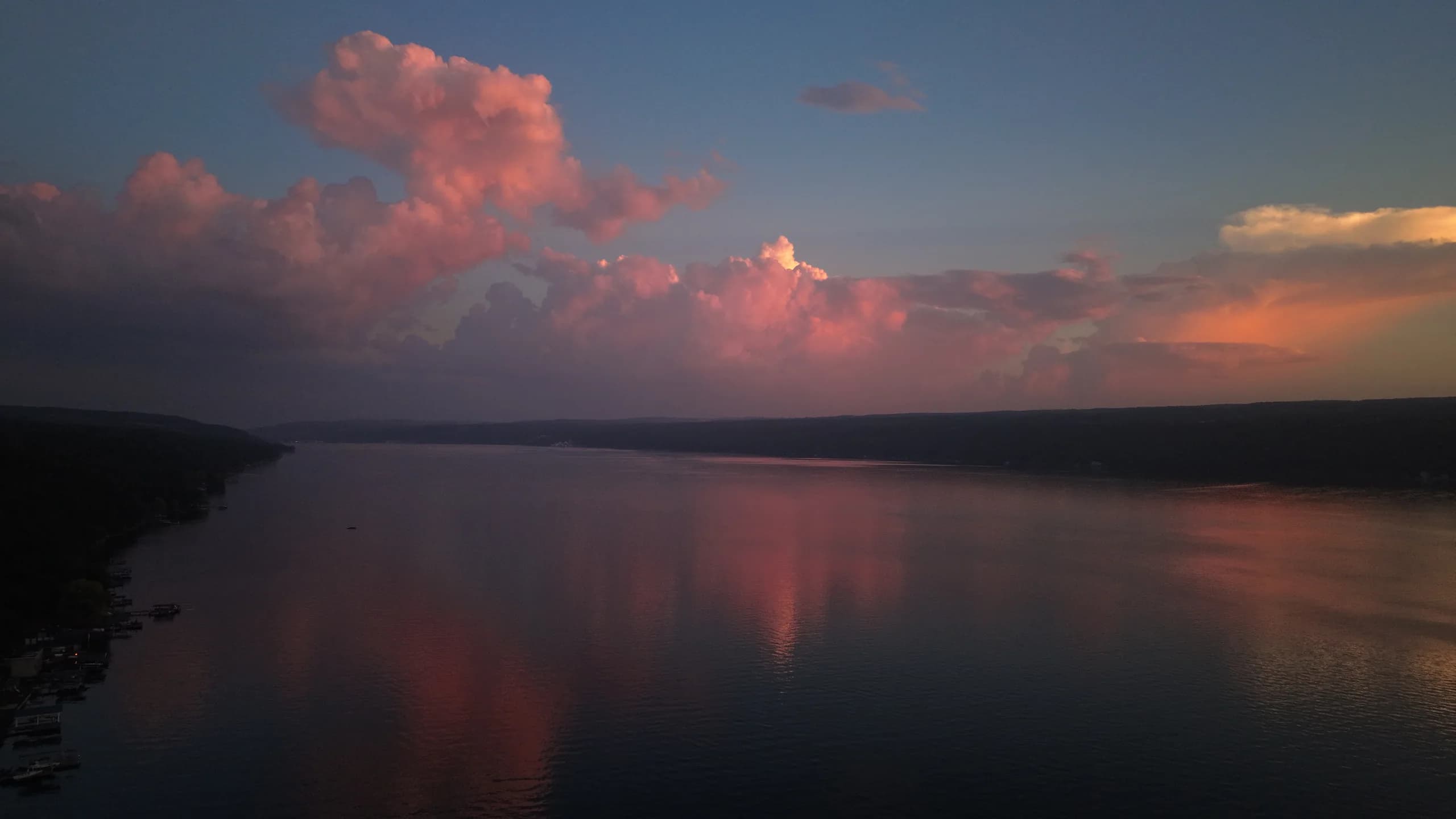 Seneca Lake sunset — pink cumulus over the east shore, Burdett NY