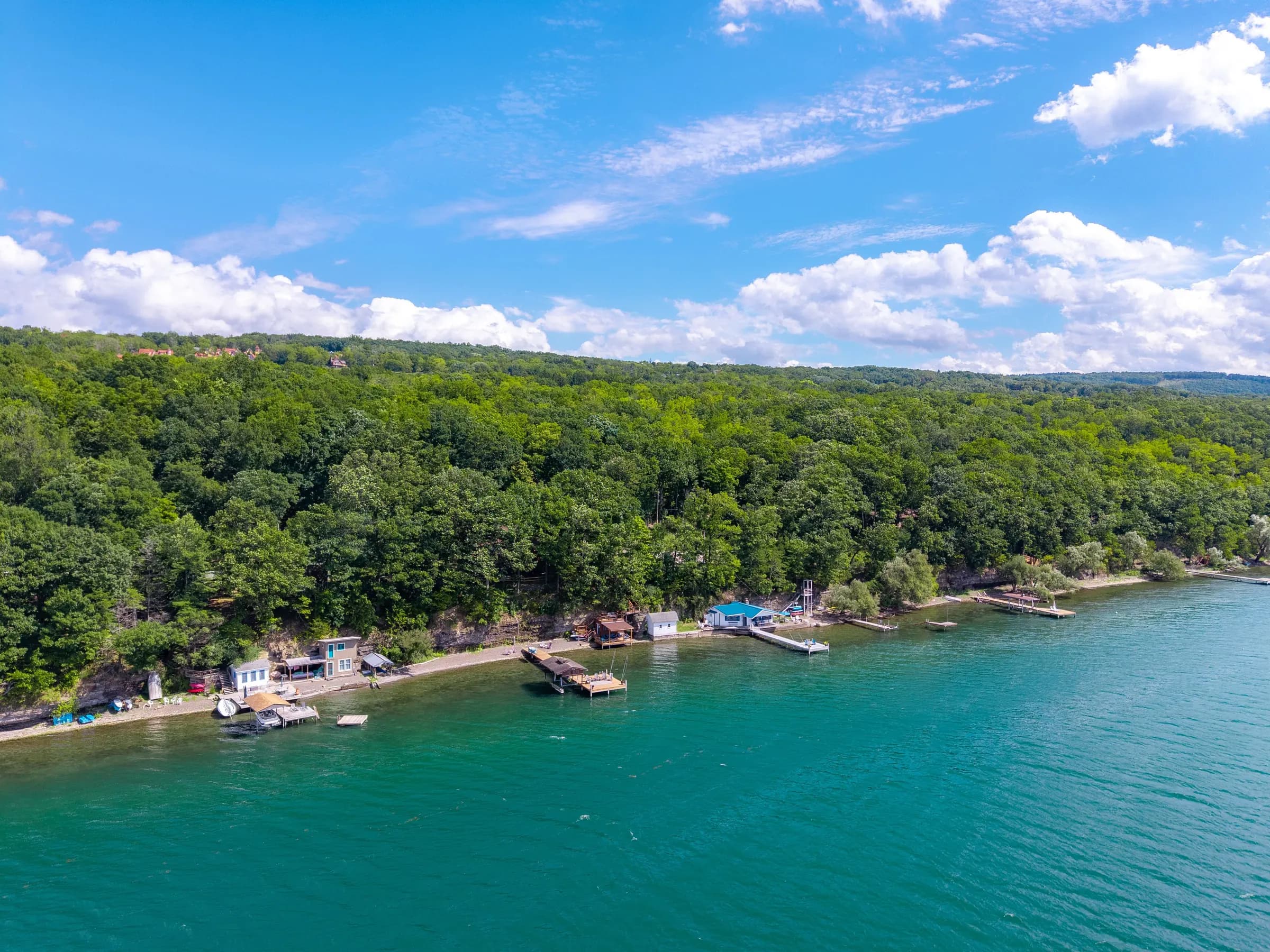 Lakeside Landing FLX from above — the east shore of Seneca Lake, private docks, shale beach, forested bluff
